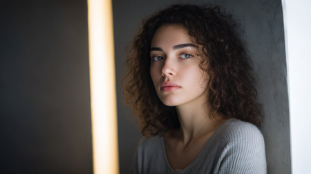 A young woman with curly hair is standing against a wall. She looks directly at the viewer with a calm expression. Soft light falls on her face, illuminating the scene.の素材