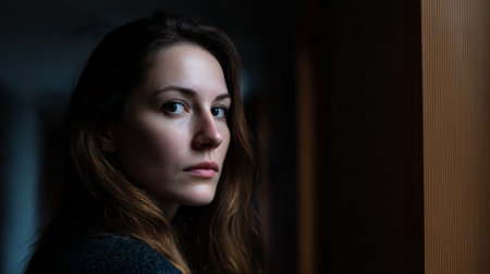 A woman stands close to a wooden wall in a dark room. She looks directly at the camera with a serious expression. The light softly highlights her features as it is evening.の素材