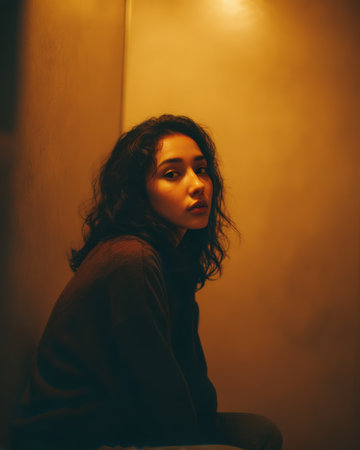A young woman sits in a softly lit room. Her curly hair frames her face as she gazes to the side with a thoughtful expression. The atmosphere is warm and inviting.の素材
