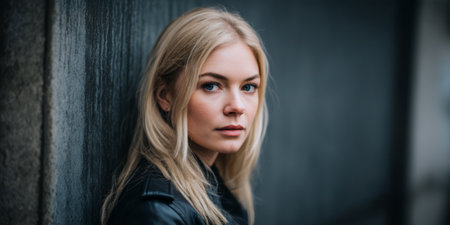 A young woman leans against a wall with a neutral expression. She has straight blonde hair and is wearing a dark jacket. The setting shows concrete and blurred lights in the background.の素材