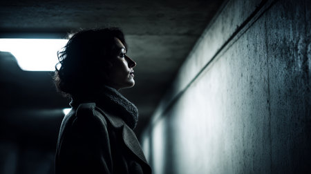 A woman stands in a hallway with concrete walls at night. She gazes upwards, appearing thoughtful. Soft light shines from the ceiling, creating shadows around her.の素材