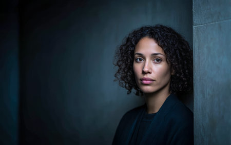 A woman leans against a wall in a dimly lit area. She has curly hair and a neutral expression. The lighting creates a moody atmosphere in the space around her.の素材