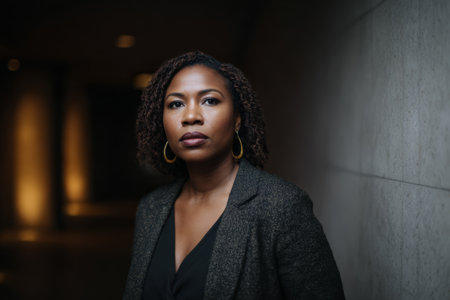 A woman stands upright in a dimly lit hallway with minimal light shining down. She looks forward with a serious expression, showing confidence in her posture.の素材