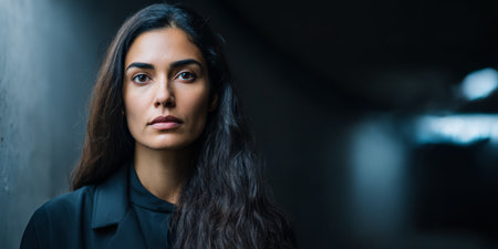 A young woman stands in a dark hallway with a focused expression on her face. The light creates a contrast around her as she gazes ahead. Her hair falls long and straight.の素材