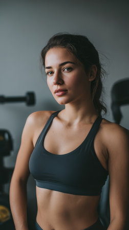 A woman stands in workout clothes in a gym. She looks directly at the camera. Background shows gym equipment. The lighting is soft, suggesting it is morning time.の素材