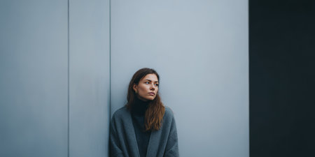 A woman stands against a smooth wall in an urban area. She looks serious and lost in thought. The setting captures a simple moment of reflection.の素材