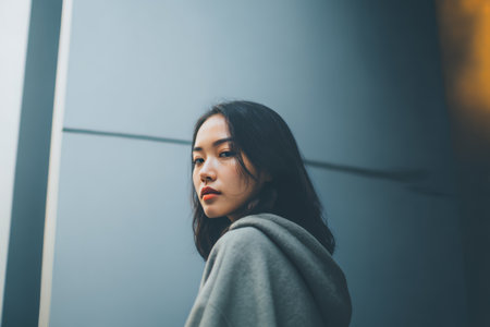 A young woman looks back while leaning against a gray wall. She wears a hoodie and shows a calm expression. The setting is urban and bright with natural light.の素材