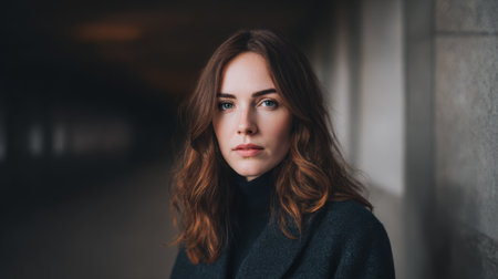 A woman with wavy brown hair stands in a corridor, looking directly at the camera. Dim light from the surroundings highlights her features and creates depth in the scene.の素材
