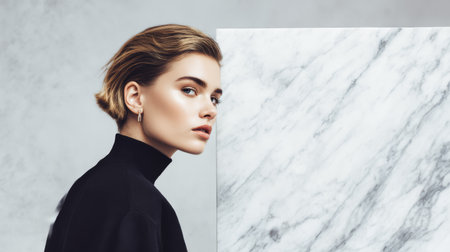 A model stands against a marble backdrop in a studio. She has a stylish haircut and wears a dark turtleneck. The soft light highlights her face and the design.の素材