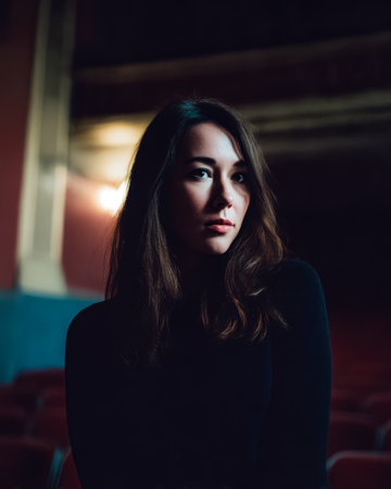 A woman with long hair sits in a theater, looking at the camera. Red seats fill the space around her. The stage area is dimly lit, creating a focused scene.の素材