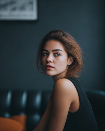 A young woman with brown hair sits in a cafe. She looks to the side with a thoughtful expression. The room is dimly lit with dark walls and a comfortable seating area.の素材