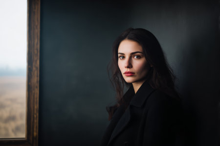 A young woman is near a window in a dark room. She looks outside with a serious expression. The weather is cloudy, and the atmosphere is quiet. Her hair falls loosely around her shoulders.の素材