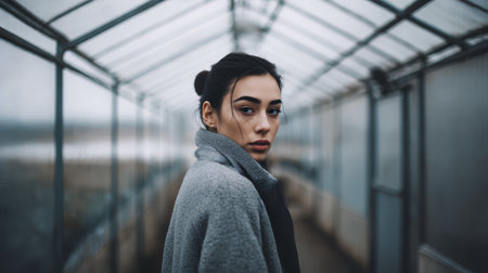 A young woman looks directly at the camera while standing inside a greenhouse. She has a serious expression and there is natural light filling the space from both sides.の素材