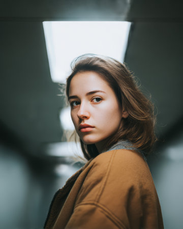 A young woman stands in a hallway with lights above her. She looks towards the camera with a serious expression. Her hair falls naturally around her face.の素材