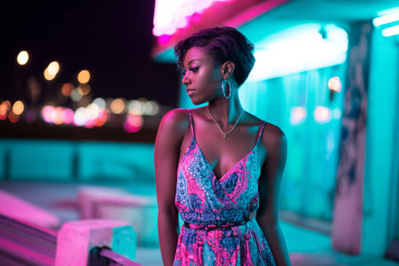 A model stands in a vibrant urban setting at night, surrounded by colorful lights. She wears a simple dress and poses thoughtfully, creating an engaging atmosphere.の素材