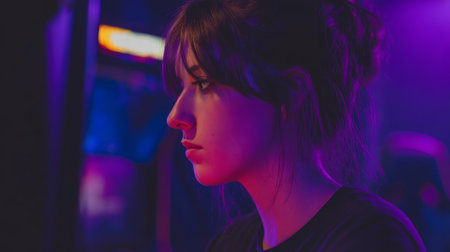 A person sits at an arcade machine, concentrating on the game. The surrounding lights cast a colorful glow. The atmosphere is lively and dynamic as other players are present.の素材