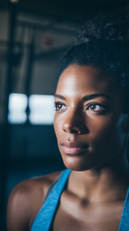 A woman is standing in a gym, showing concentration on her face as she prepares for her workout. The gym has a bright background with equipment nearby.の素材