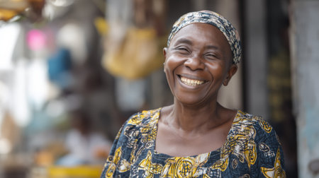 A woman stands in a lively market filled with various goods and colorful fabrics. She smiles warmly at visitors while surrounded by stalls and other people during the day.の素材