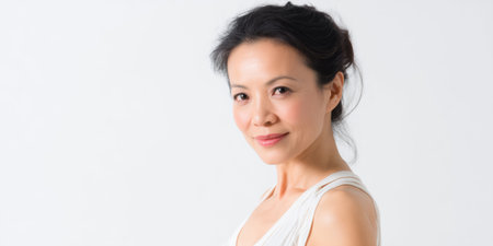 A woman stands straight and smiles. Her hair is styled neatly. The background is plain and bright, highlighting her expression and posture.の素材