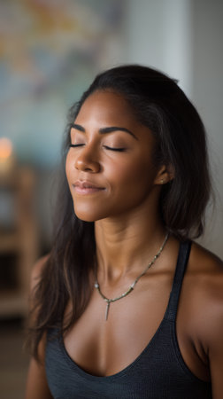 A woman sits with her eyes closed and takes deep breaths in a calm indoor setting. She seems focused on her thoughts and reflects quietly at this moment.の素材