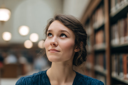A young woman sits in a library, gazing upward with a thoughtful expression. Shelves filled with books surround her. People are seen in the background.の素材