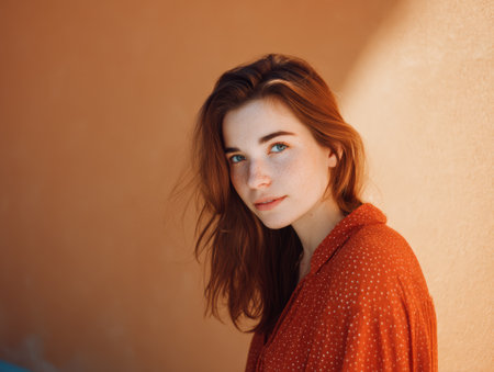 A young woman is positioned near a wall in bright sunlight. She has long hair and appears to be looking at the camera while dressed casually. The background is simple and neutral.の素材