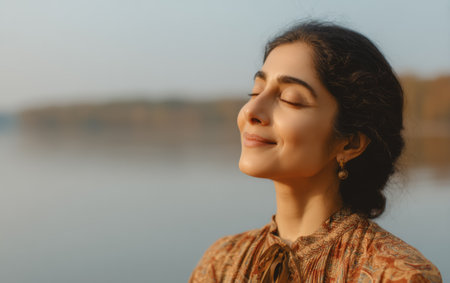 A woman stands by the lake with a smile on her face. She closes her eyes and enjoys the breeze while soft light shines on the water. It is a calm evening setting.の素材