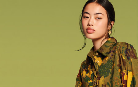 A model stands in a studio with a green background. She shows a floral patterned shirt. Sunlight illuminates her face softly as she gazes at the camera.の素材