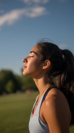 A woman stands on a grassy field, facing upward with her eyes closed. She seems to enjoy the sunlight and warm air on a clear afternoon. Trees are visible in the background.の素材