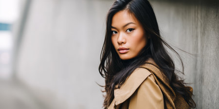 A young woman stands near a concrete wall in an urban setting during the day. She looks directly at the camera with her hair down and a brown coat on her shoulders.の素材