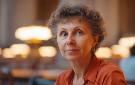 A woman sits quietly in a library. She looks around as she reads a book. The space has warm light and tall shelves with books. People are present in the background.の素材