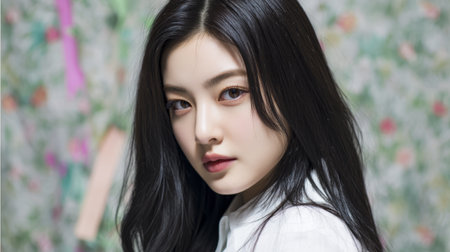 A young woman smiles gently while facing the camera. The background is filled with colorful decorations that add warmth to the atmosphere. The session takes place in a studio designed for photography.の素材