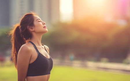 A woman stands in a park with tall buildings in the background. She breathes deeply and enjoys the sunset. The scene shows her connection with nature in the city.の素材