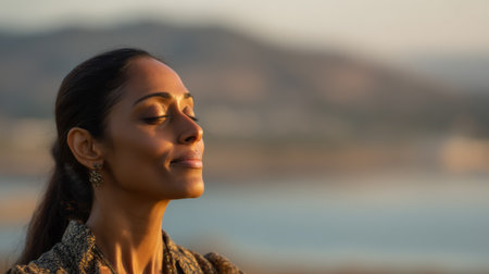 A woman stands by the water with her eyes closed. She enjoys the warmth of the sun during sunset. The background shows hills and reflects the colors of the sky.の素材
