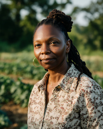 A woman is standing in a crop field during daylight. She has long hair and wears a patterned shirt. The background shows green plants and trees.の素材