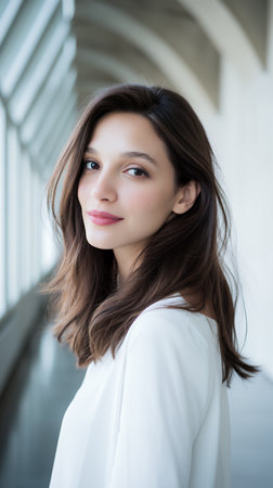 A woman with long hair stands sideways, looking at the camera. The bright room features large windows allowing natural light to enter.の素材