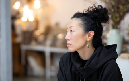 A woman is sitting and looking to the side in a modern indoor setting filled with decor. She wears a black outfit and appears to be deep in thought while enjoying the atmosphere.の素材