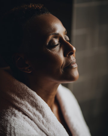 A woman sits still with closed eyes, dressed in a soft robe. Light softly illuminates her face as she enjoys a moment for herself in a warm space. The atmosphere feels serene.の素材