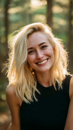 A woman stands in a forest with sunlight streaming through the trees. She smiles warmly at the camera, showing happiness and joy in a natural setting.の素材