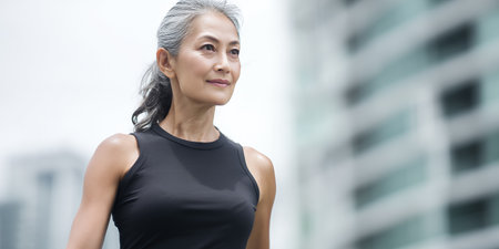 A woman is running in a city area on a cloudy day. She wears a sleeveless top and shows focus while moving forward. Buildings stand tall in the background.の素材