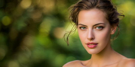 A woman stands outside with green eyes and light hair. She looks directly at the viewer, surrounded by soft green colors in the background. It is daytime.の素材