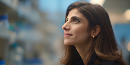 A woman looks up with interest while in a laboratory setting. She appears to be deep in thought as she observes her surroundings and reflects on her work.の素材