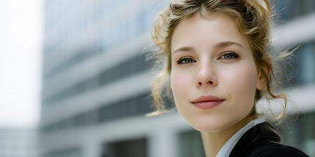 A young woman stands outside a modern building looking confidently at the camera. She has curly hair and a focused expression. Daylight highlights her features.の素材