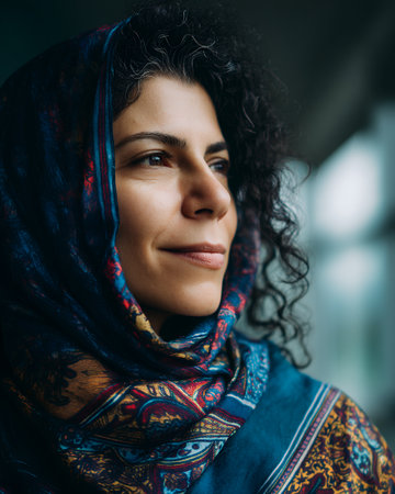 A woman stands near a window, wearing a colorful scarf. She gazes thoughtfully outside while soft light illuminates her face in an urban environment.の素材