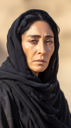 A woman wearing a black headscarf looks directly at the camera. She stands in an outdoor location with natural light highlighting her features.の素材