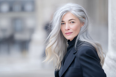 A woman with long silver hair stands in an urban area. She wears a black outfit and looks directly at the camera. The background shows blurred buildings. She displays poise and confidence.の素材