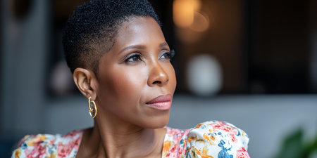 A woman sits in a bright room and gazes out of the window with a thoughtful expression. She has short hair and is wearing a floral top. The setting is sunny and warm.の素材