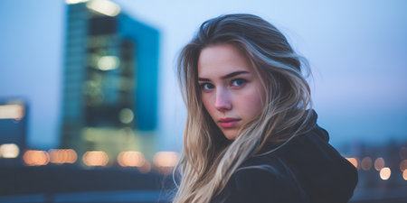 A girl stands outside with a serious expression as city lights start to glow in the background. Buildings loom behind her as night approaches.の素材