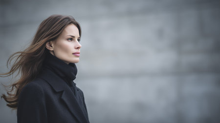A woman with long brown hair wears a black coat and scarf while gazing into the distance. The background shows a gray wall in an urban environment.の素材