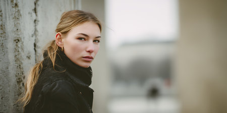 A woman leans against a concrete wall with a serious expression. She is in an urban setting during the winter season. The background is blurred, adding focus to her.の素材